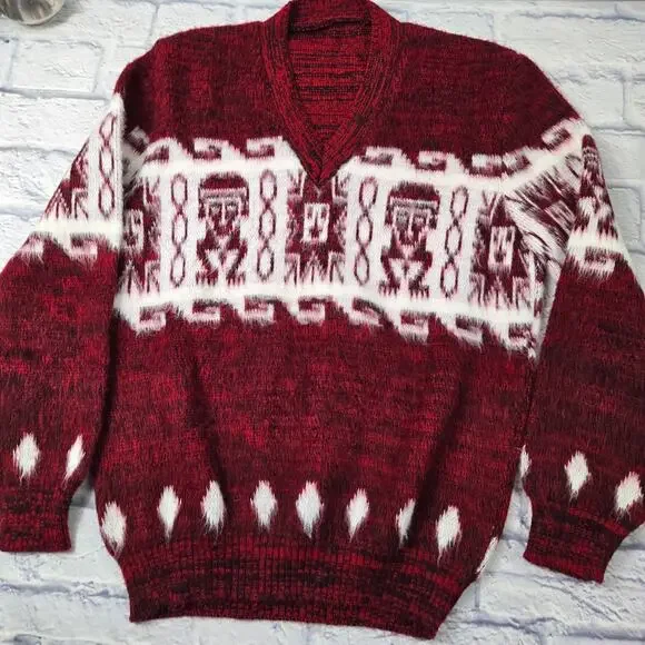Fair Isle Red & White Fuzzy V-neck Cozy Sweater Stretchy size Small - Picture 8 of 12